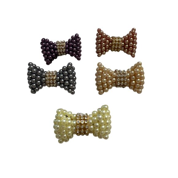 Set of 5 Bow Shaped Beaded Hair Clips Rhinestone Details Alligator Barrettes - Picture 1 of 5